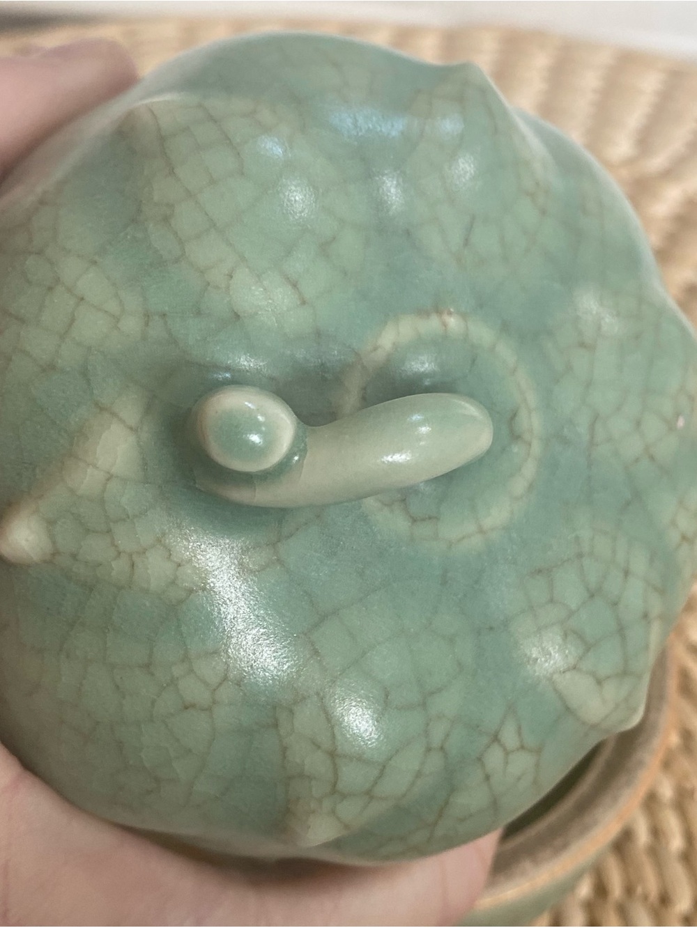 VTG Celadon Crackle Glaze Ginger Jar w Lid Squash Artichoke Chinese Mid Century - Picture 3 of 7